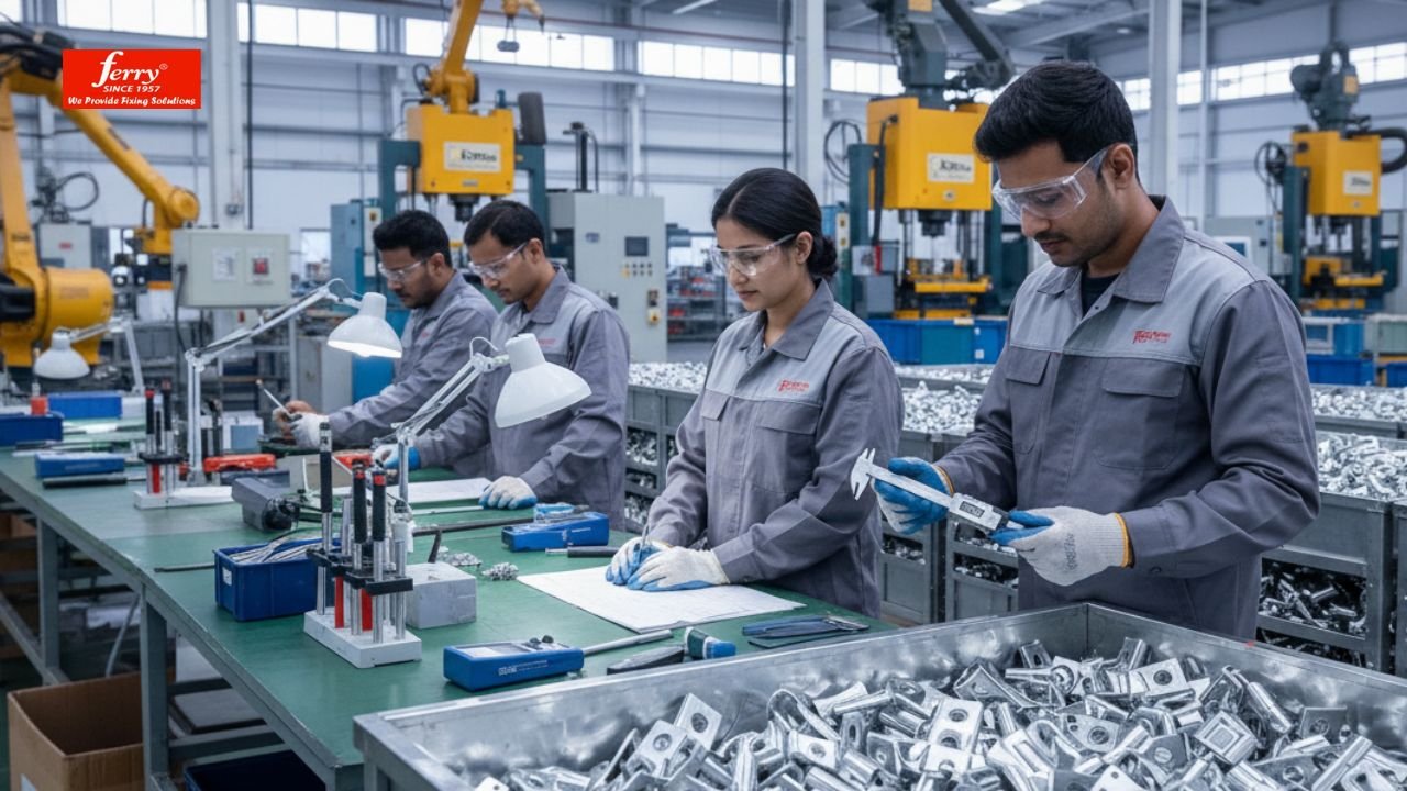 Ferry International technicians inspecting and assembling lorry hinges inside ISO-certified hinge manufacturing facility
